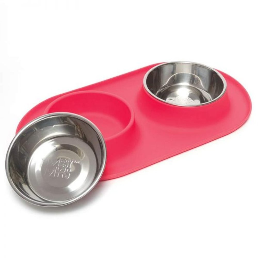 Messy Mutts Silicone Double Pet Feeder, Red, Medium